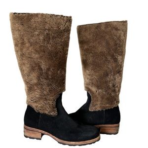 Women’s UGG Christie Black Suede Brown Shearling Tall Riding Boots